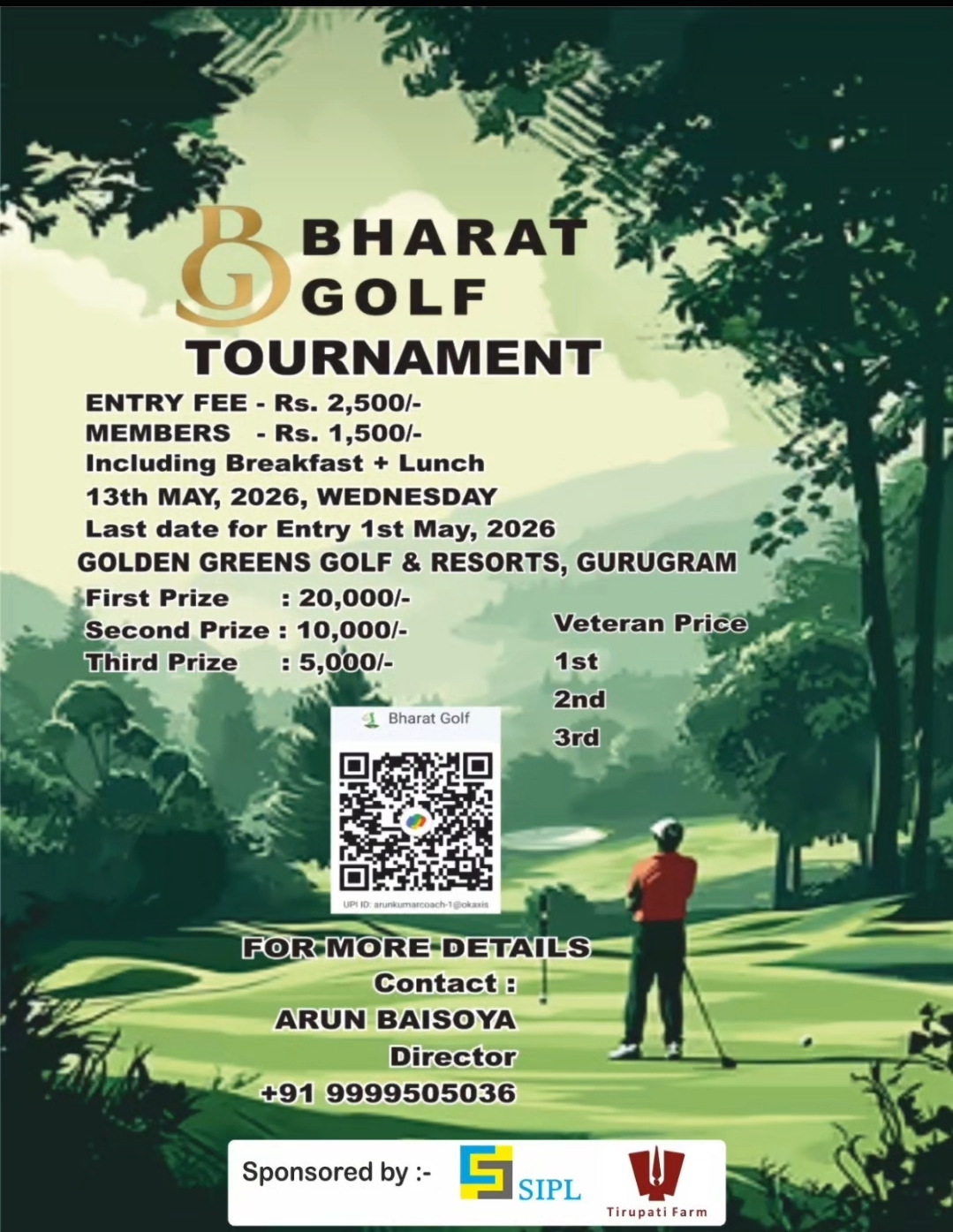 Bharat Golf tournament poster for 13 May 2026 at Golden Greens Golf and Resorts, Gurugram